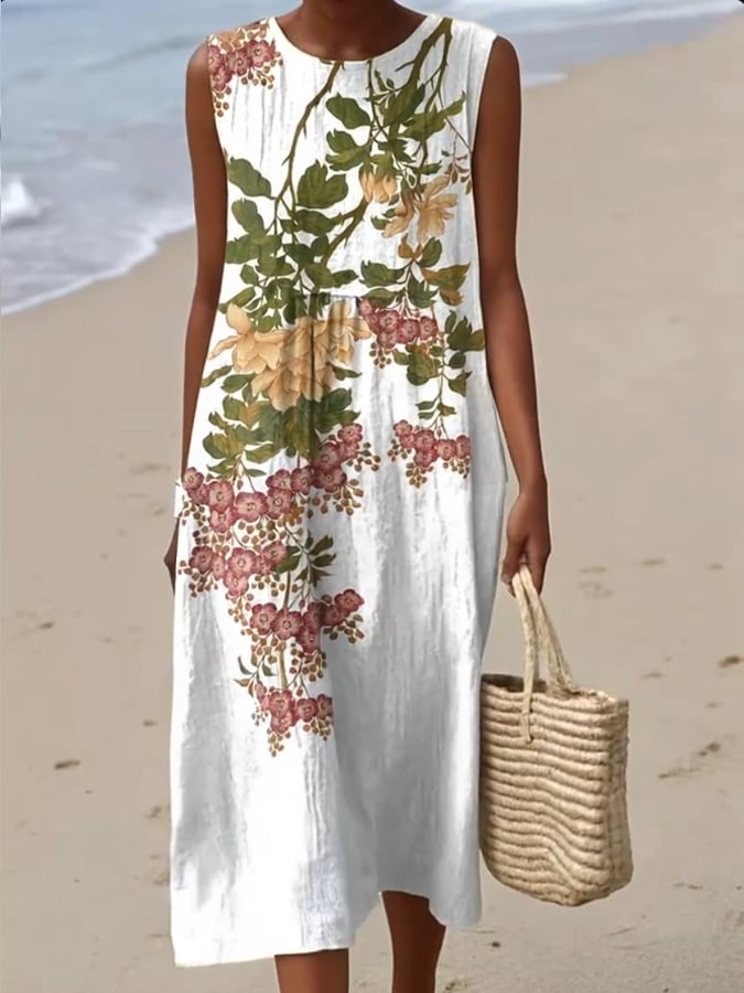 Women's Casual Floral Printed Round Neck Sleeveless Dress