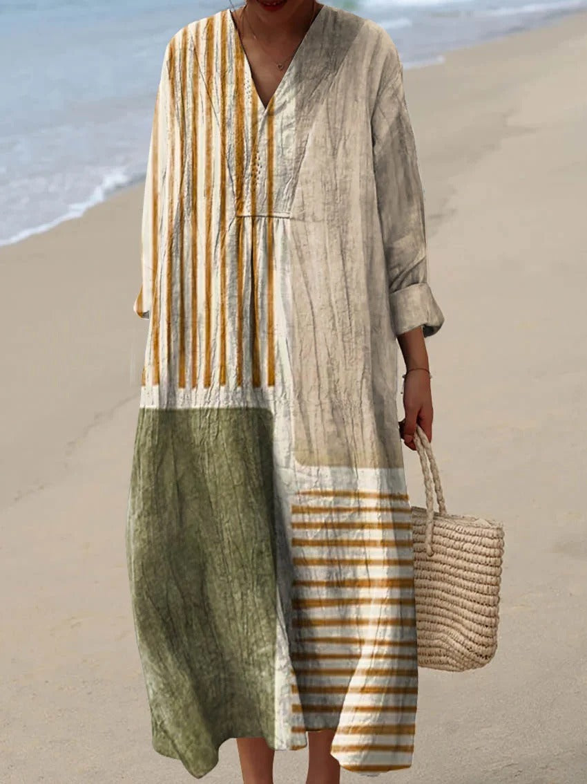 Women's Abstract Geometric Pattern Art Print Sleeveless Cotton Pocket Wrap Dress